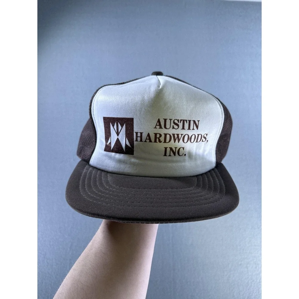 Vintage Austin Hardwoods Hat Cap Snap Back Mens One Size Brown Trucker Mesh 80s